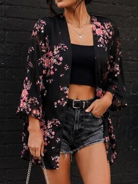Pink Republic - Black Kimono with Pink Floral Print Size XS